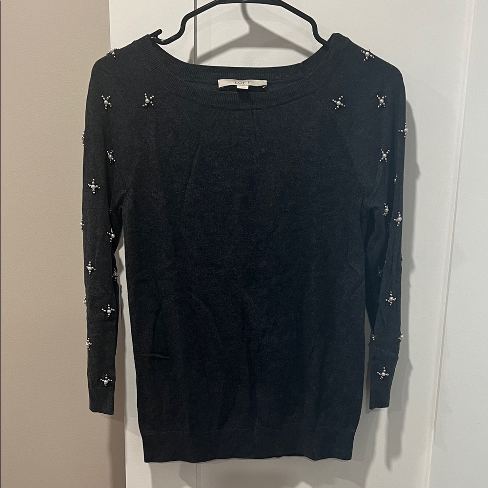 Loft Dark Gray Sweater with Embellished Sleeves Size S